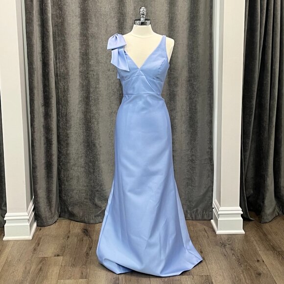 NWT Sky Blue Satin Twill V Neck Gown- Style D863- Size 12 - Picture 1 of 3